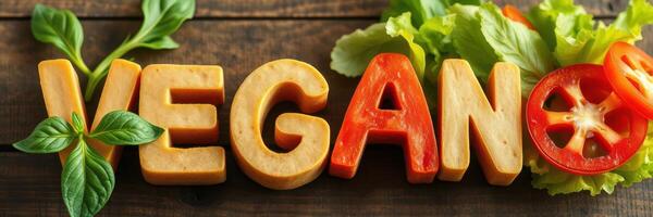 Colorful vegan letters made of cheese and vegetables on a rustic wooden surface communicate healthy eating photo