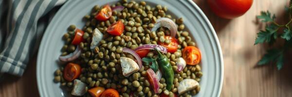 Fresh lentil salad with cherry tomatoes and onions served in a bowl on a wooden table photo