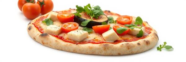 recién horneado Pizza coronado con Tomates, verduras, y hierbas en un blanco antecedentes foto
