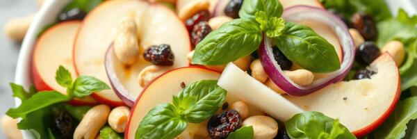 Fresh salad with apples, nuts, and herbs in a bowl ready for a healthy meal photo