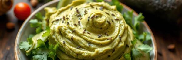 Creamy avocado dip with herbs and spices served in a rustic bowl with fresh greens photo