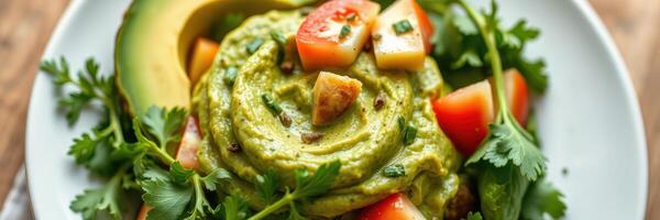 Delicious avocado dip topped with fresh tomatoes and herbs served on a white plate photo