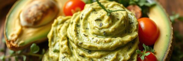 Delicious avocado dip with fresh herbs and cherry tomatoes served in a bowl photo