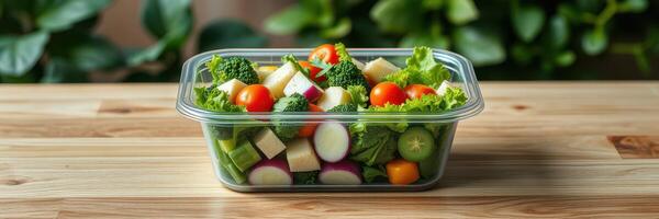 Fresh vegetable salad in a clear container on a wooden table surrounded by greenery photo