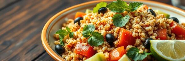 Fresh vegetable salad with grains and lime served in a rustic bowl on a wooden table photo