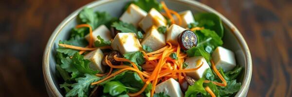 Fresh salad with tofu and vegetables served in a bowl, highlighting vibrant colors and textures photo