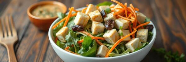 Fresh salad topped with marinated tofu and garnished with carrots served in a rustic bowl photo