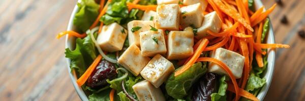 Fresh salad with creamy tofu cubes and shredded carrots served in a bowl photo