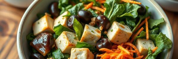 Fresh salad with greens, tofu, olives, and shredded carrots served in a bowl at a casual dining setting photo