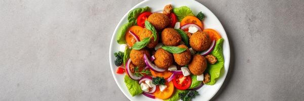 Fresh vegetable salad topped with crispy falafel balls and garnished with herbs photo
