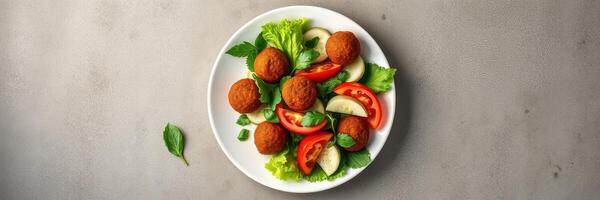 Delicious falafel served on a fresh salad with lettuce, tomatoes, and cucumbers in a bright and inviting setting photo