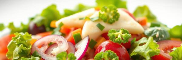 Fresh colorful salad featuring a mix of leafy greens, cherry tomatoes, cucumbers, and vibrant vegetables prepared for a healthy meal photo