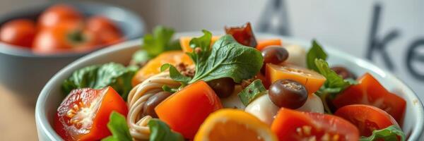 Fresh vegetable salad with colorful ingredients on a wooden table in a cozy dining area during lunch photo