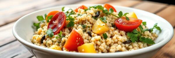 Colorful salad with grains and fresh vegetables served in a bowl on a wooden table photo