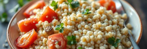 Tasty pearl couscous salad with fresh tomatoes and herbs served in a bowl photo