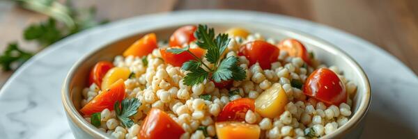 Delicious and colorful salad featuring grains and fresh vegetables in a cozy dining setting photo