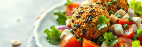 Fresh vegetable salad with vibrant herbs and delicious falafel balls served on a rustic plate photo