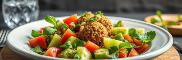 Fresh salad with crispy falafel served on a white plate with herbs and vegetables in a modern setting photo