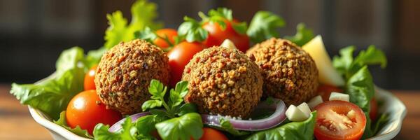 Fresh salad with crispy falafel balls, served on a wooden table photo