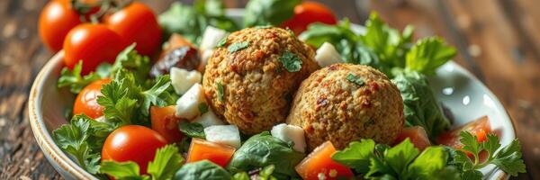 Fresh salad topped with crispy falafel and vibrant vegetables in a rustic setting photo