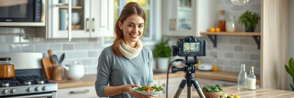 Woman presenting a healthy meal in a modern kitchen while filming a cooking segment photo