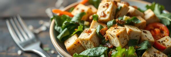 Fresh and healthy salad with marinated tofu, cherry tomatoes, and mixed greens served in a rustic bowl photo