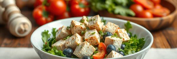 Healthy salad with fresh ingredients featuring tofu, tomatoes, blueberries, and greens on a wooden table in natural light photo