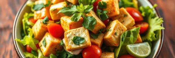 Fresh salad featuring marinated tofu, cherry tomatoes, and greens served in a bowl with lime photo