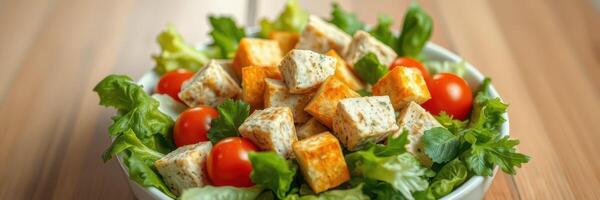 Fresh salad with grilled tofu, cherry tomatoes, and mixed greens served in a bowl at a casual dining setting photo