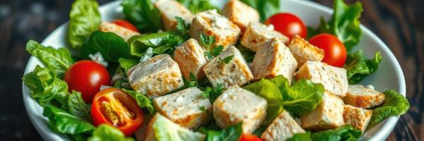 Fresh salad with cherry tomatoes and tofu cubes served in a white bowl on a wooden table photo
