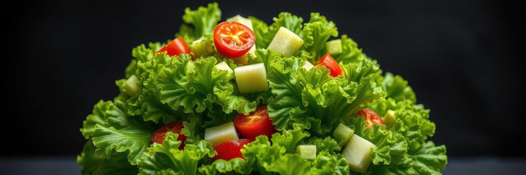 Fresh green salad with cherry tomatoes and cucumber pieces in a vibrant arrangement on a dark background photo