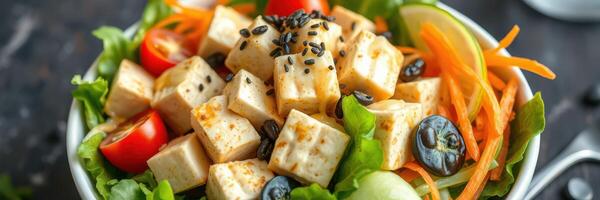 Fresh salad with tofu, cherry tomatoes, and mixed greens served in a bowl with a sprinkle of sesame seeds photo