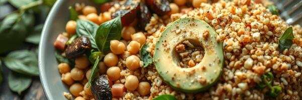 Healthy grain bowl with chickpeas, vegetables, and herbs served in a rustic bowl photo
