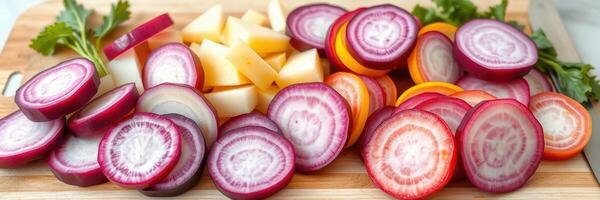 Colorful assortment of sliced vegetables on a wooden cutting board in a bright kitchen setting photo