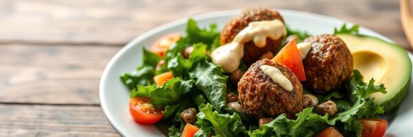Delicious falafel salad with fresh vegetables and creamy dressing served on a rustic wooden table photo