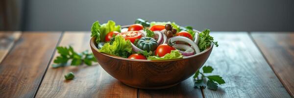 Fresh vegetable salad in a wooden bowl on a rustic table setting with natural light photo