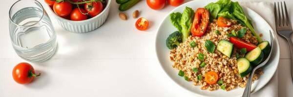 Fresh salad with grains and vegetables served on a white table in natural light photo