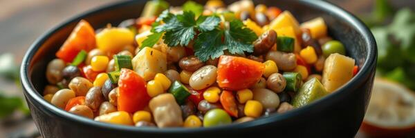 Colorful vegetable salad with fresh herbs in a bowl sitting on a rustic wooden table photo