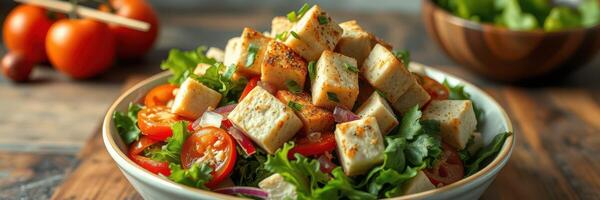 Fresh salad with grilled tofu, tomatoes, and lettuce prepared on a wooden surface in bright kitchen light photo