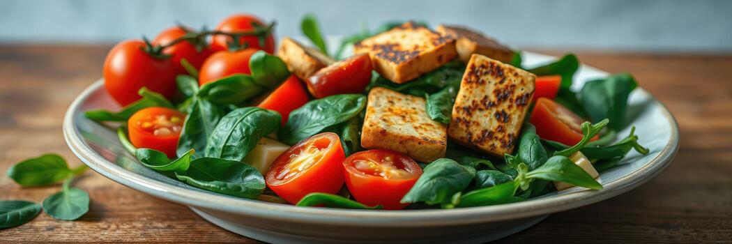Fresh spinach salad with grilled tofu and cherry tomatoes on a rustic table setting photo