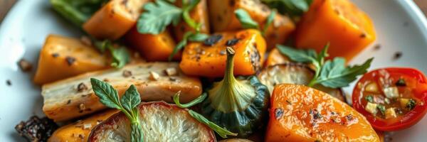 Colorful roasted vegetables served in a white bowl, showcasing a variety of fresh ingredients and herbs photo