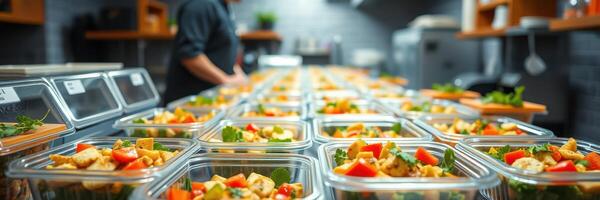 Fresh meal preparation in a busy kitchen with vibrant salads ready for service during the lunch rush photo