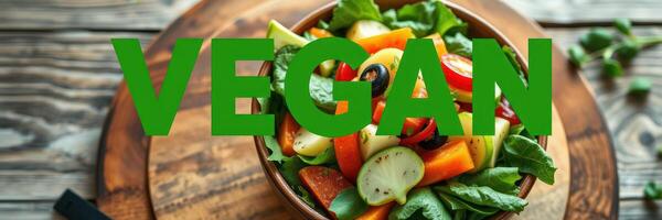 Fresh vegan salad with colorful vegetables served in a rustic bowl on a wooden table photo