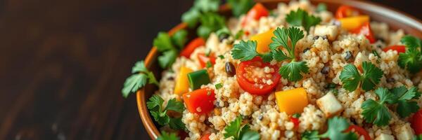 Colorful couscous salad with fresh vegetables and herbs served in a wooden bowl on a rustic table photo