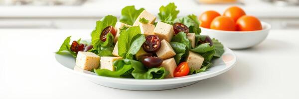 Fresh salad with tofu, cherry tomatoes, and lettuce served on a plate in a bright kitchen photo