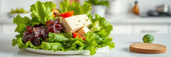 Fresh salad preparation with crisp lettuce, tomatoes, and tofu on a bright kitchen countertop during daylight hours photo
