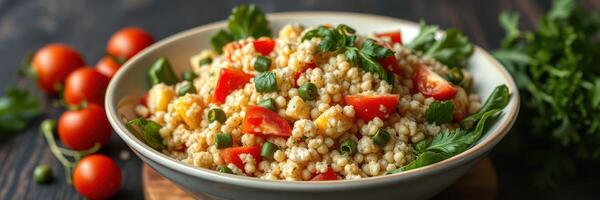 Fresh vegetable salad with couscous, cherry tomatoes, and herbs served in a bowl on a rustic wooden table photo
