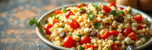 Fresh salad with cherry tomatoes, corn, olives, and herbs served in a silver bowl on a rustic wooden table photo