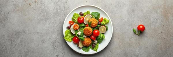 Fresh salad with crispy falafel, cherry tomatoes, and lime served in a white bowl on a gray stone background photo