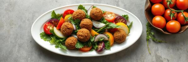 Delicious falafel served on a vibrant salad with fresh vegetables and a side of ripe tomatoes photo